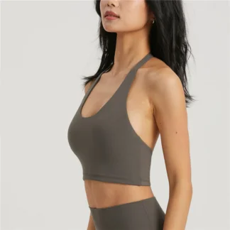 Lycra semi-fixed halter strap backless sports bra vest yoga top bra brown