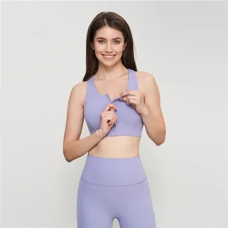 Double 6 yarn one-piece fixed cup front zipper running sports underwear women's mesh yarn shockproof fitness bra blue