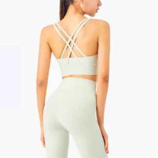Nude cross beauty back top female yoga bra with breast pad gather fitness underwear beige
