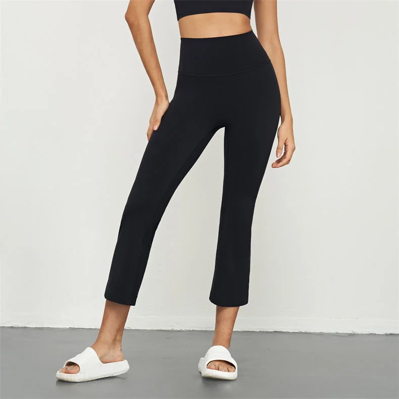 Nude feeling yoga pants female one-piece type high waist flare pants outdoor sports leisure wide leg pants black