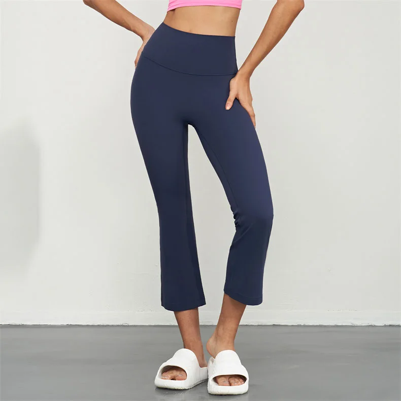 Nude feeling yoga pants female one-piece type high waist flare pants outdoor sports leisure wide leg pants blue