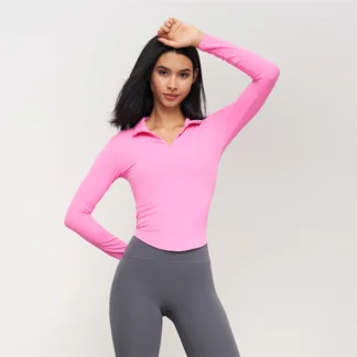Waist zipper yoga suit women's standing collar slim fitness jacket outdoor sports long sleeves pink