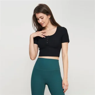 Yoga suit short sleeve T-shirt rib nude sense fashion circle neck short slim top female black
